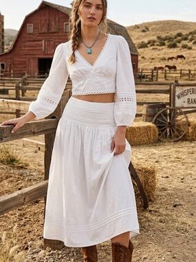A new day long sleeve eyelet top and tiered eyelet midi skirt SET sz large NWT